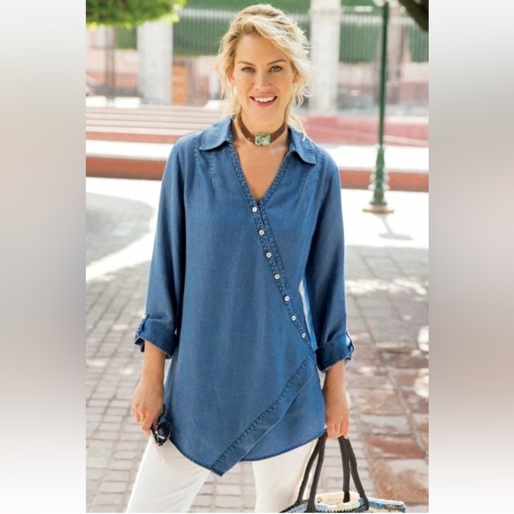 Soft Surroundings Denim Chambray Asymmetrical Tunic Shirt Women's XS